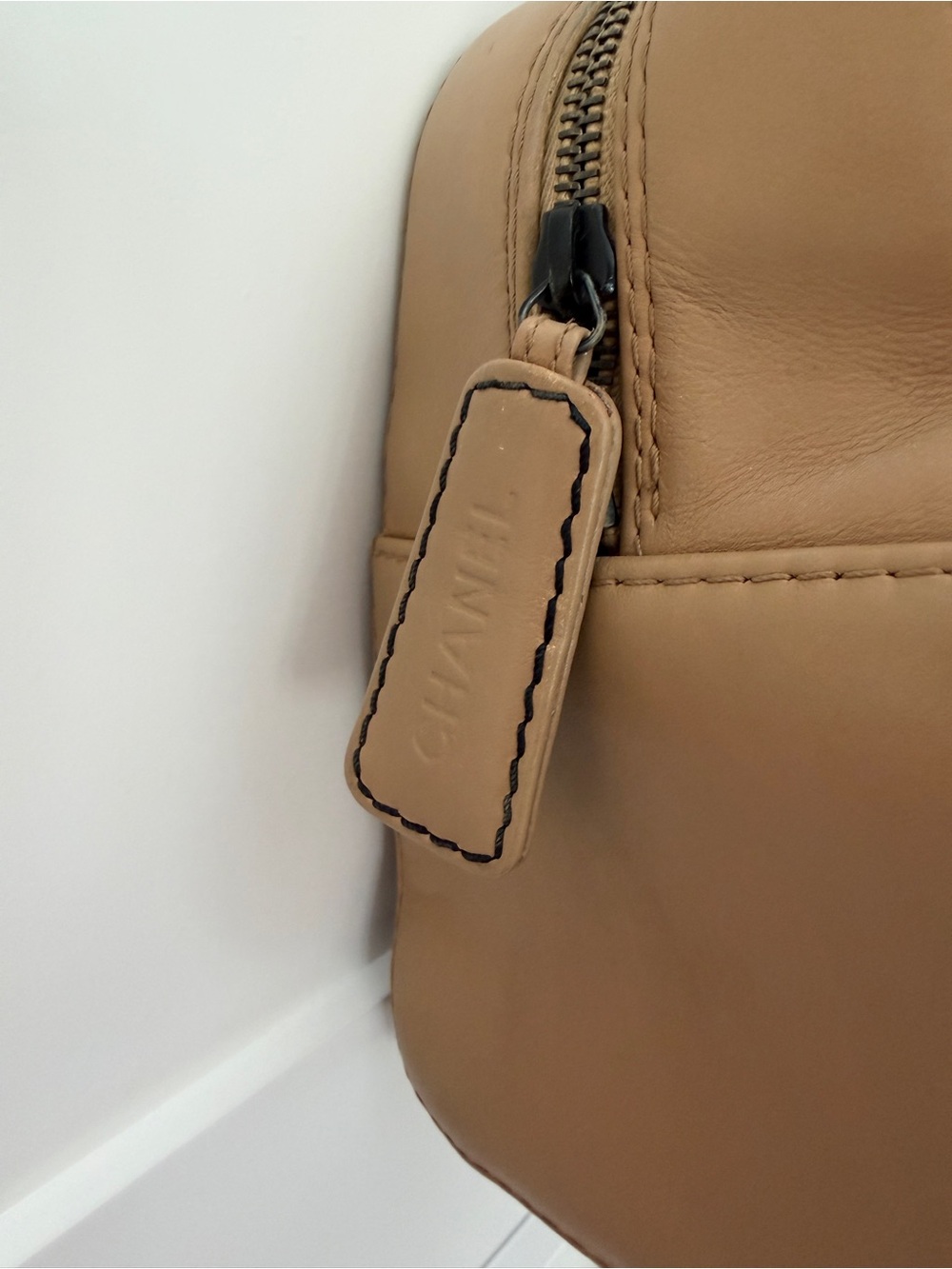 Vintage CHANEL Surpique Tan Wild Stitch Quilted Calfskin Bowler Bag from Paris - Picture 9 of 12